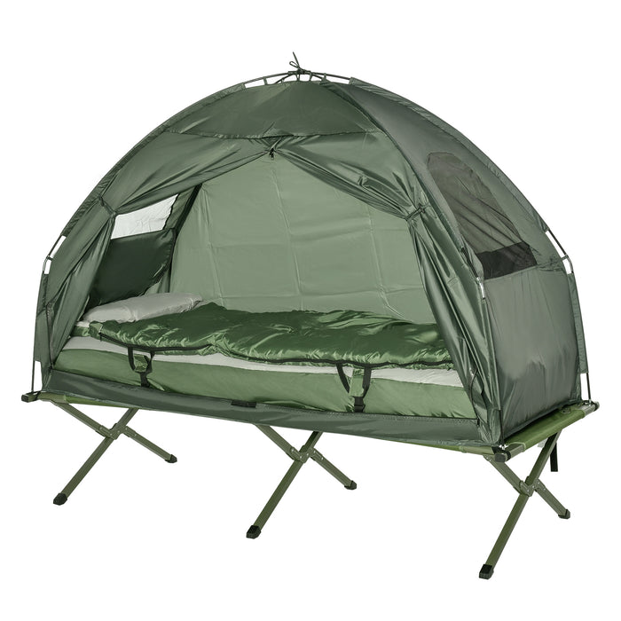 Foldable Camping Tent with Sleeping Bag and Air Mattress - Portable Outdoor Hiking Picnic Bed Cot and Foot Pump - Ideal for Solo Adventurers and Nature Enthusiasts