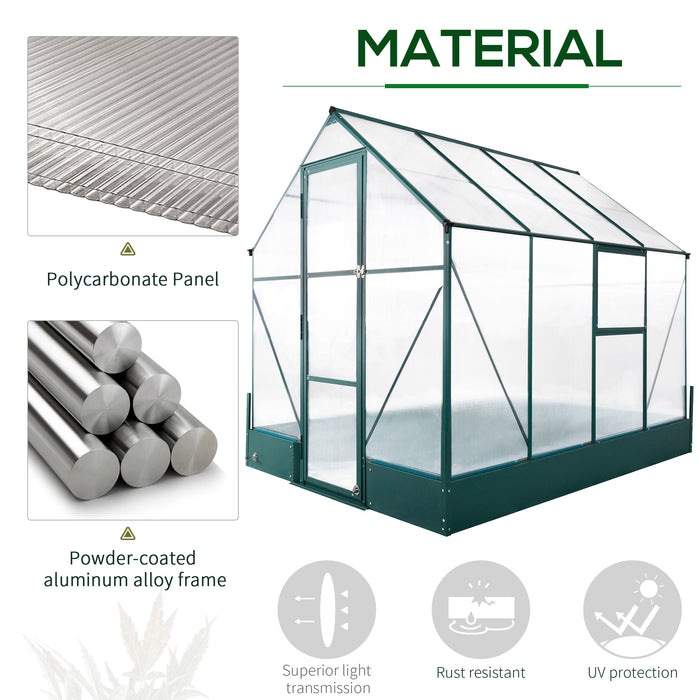 Aluminium Frame Walk-in Greenhouse - 6x8ft with Polycarbonate Panels & Built-In Plant Beds - Temperature Regulation & Sturdy Foundation for Gardeners