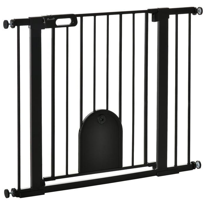 Extra Wide 75-103 cm Pet Safety Gate with Small Door - Pressure Fit Stair Barrier, Auto Close, Double Locking, Ideal for Doorways and Hallways - Child & Pet Proofing in a Sleek Black Design