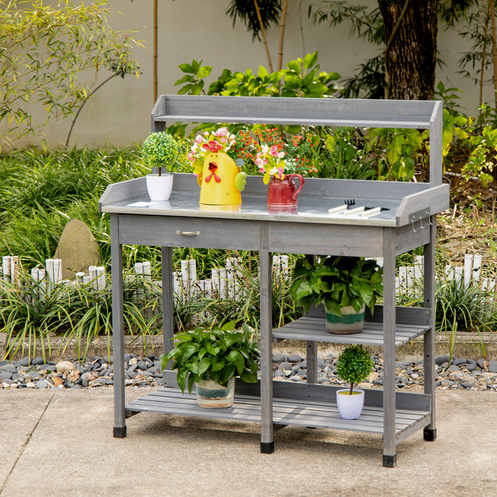 Wooden Garden Potting Table - Durable Galvanized Metal Top, Workstation with Drawer, Shelves & Hooks - Ideal for Courtyard and Balcony Gardening