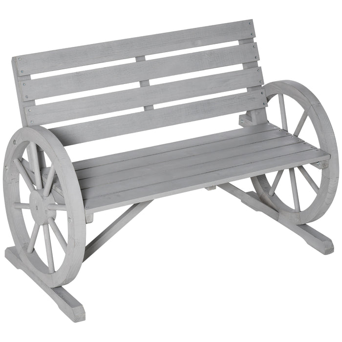 Outdoor 2-Seater Garden Bench with Cart Wagon Wheel Design - Rustic Wooden Armrest Chair, High Back in Grey - Ideal for Patio and Garden Relaxation