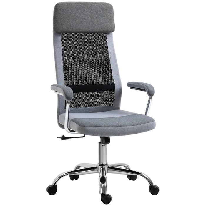 High-Back Linen-Feel Mesh Office Chair - Ergonomic Swivel Task Chair with Arms and Wheels - Comfortable Desk Seating for Home Office Use, Grey