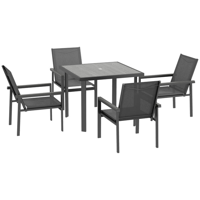 5-Piece Patio Dining Set with Glass-Top Table & Umbrella Hole - Outdoor Furniture with 4 Breathable Mesh Armchairs - Ideal for Garden Entertainment and Relaxation