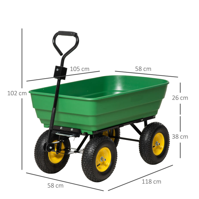 Heavy Duty Garden Cart Trolley 125L Capacity - 4-Wheel Barrow with Dumping Feature, Green - Ideal for Lawn and Yard Work, Transporting Soil and Equipment