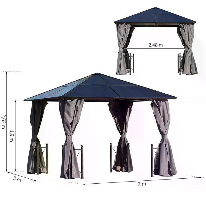 Hardtop Gazebo Canopy with Polycarbonate Roof 3 x 3m - Steel & Aluminium Garden Pavilion, Mosquito Netting and Curtains in Black - Ideal Outdoor Shelter for Entertainment and Relaxation