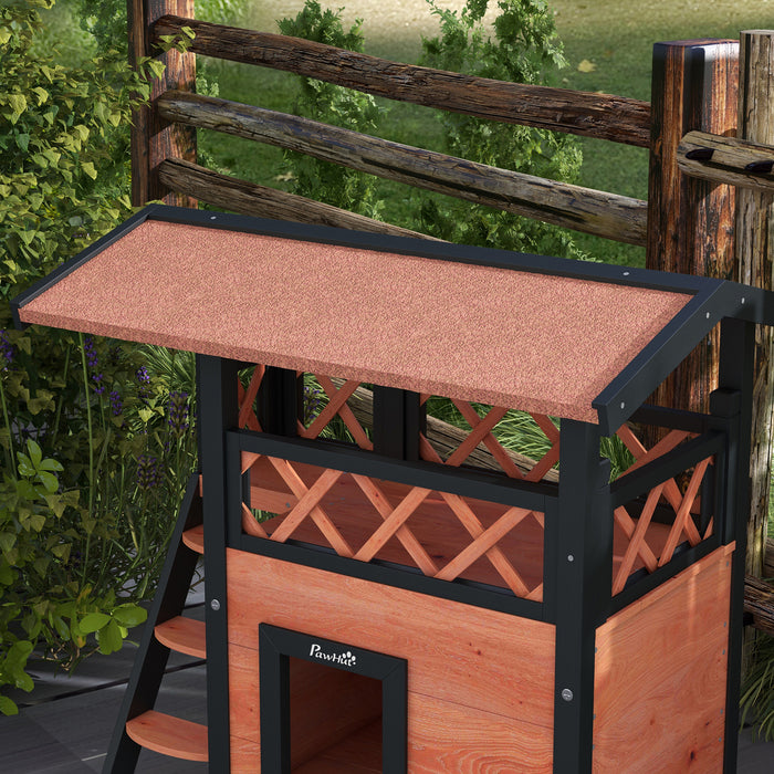 Outdoor Wooden Cat Shelter with Balcony and Stairs - Weatherproof Roof, Spacious 77x50x73cm, in Elegant Brown - Ideal for Feline Outdoor Living and Protection