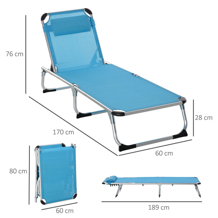 Foldable Reclining Sun Lounger with Pillow - 5-Level Adjustable Back, Aluminium Frame, Blue - Ideal for Camping & Relaxation Outdoors