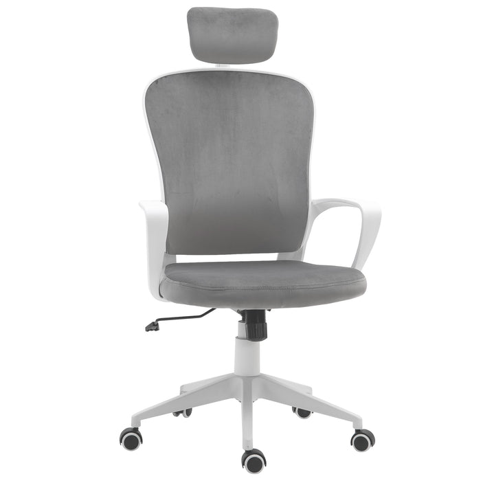 High-Back Velvet Swivel Home Office Chair - Ergonomic Rocking Computer Chair with Wheels, Adjustable Headrest - Comfortable Seating for Work or Gaming Sessions, Grey