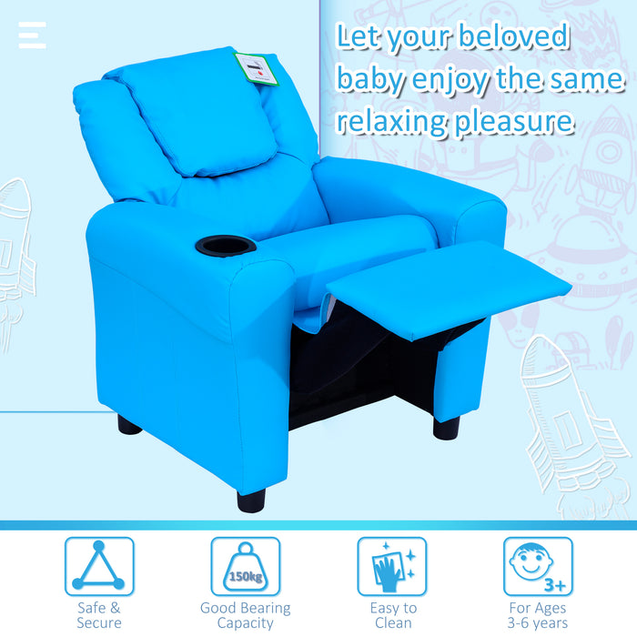 Kids' Comfy Recliner Chair with Built-in Cup Holder - Plush Blue Seating for Children - Perfect for Relaxing and Reading