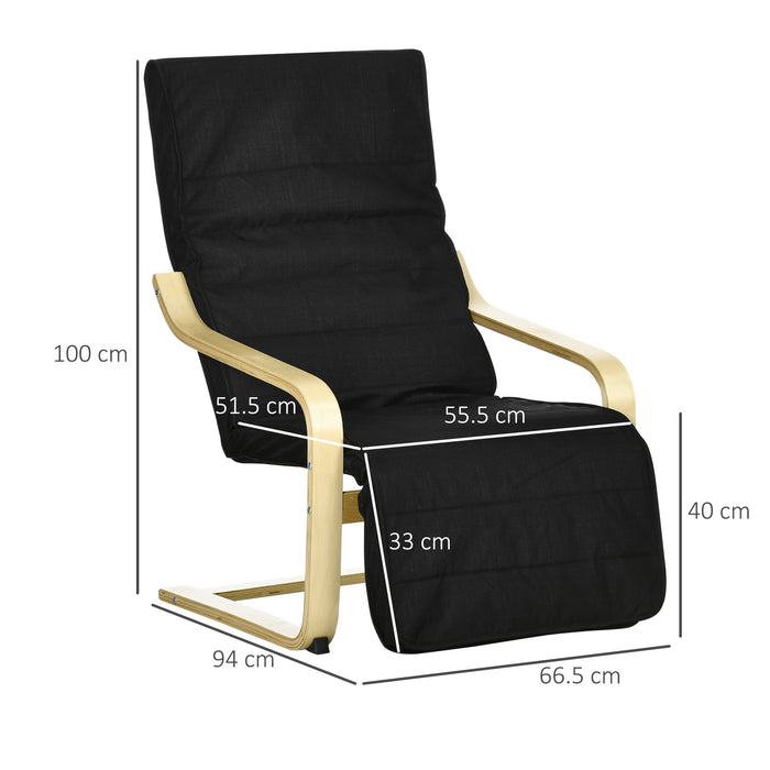 Wooden Lounging Deck Chair - Adjustable Recliner with Footrest and Removable Black Cushion - Comfortable Seating for Patio and Outdoor Relaxation