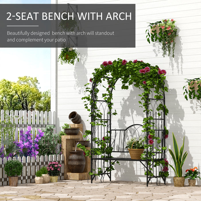 Outdoor Metal Garden Arch with Integrated Bench - Rose Trellis Pergola Design for Climbing Plants - Antique-Style 2-Seater Patio Seating for Relaxation and Garden Beautification