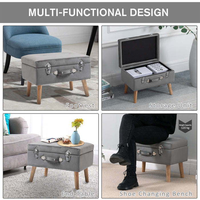 Faux Velvet Upholstered Storage Trunk - Elegant Grey Ottoman with Wooden Legs - Ideal for Home Organization and Comfort Seating