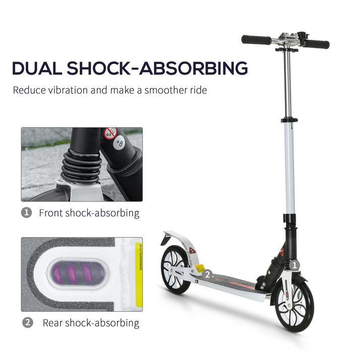 High-Adjustable Folding Kick Scooter with Rear Brake - Urban Scooter with Double Shock Absorption and Warning Bell - Ideal for Teens and Adults Over 14, White