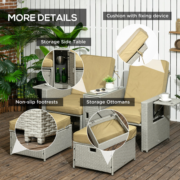 5PC PE Rattan Sun Lounger Set - Outdoor Wicker Adjustable Recliner Sofa Bed with Storage and Footstools - Perfect for Patio and Garden Relaxation in Beige