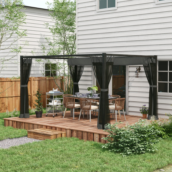 Retractable Pergola 3x4m with Nettings - Outdoor Garden Gazebo Shelter for Grill and Patio - Ideal Deck Cover in Dark Grey