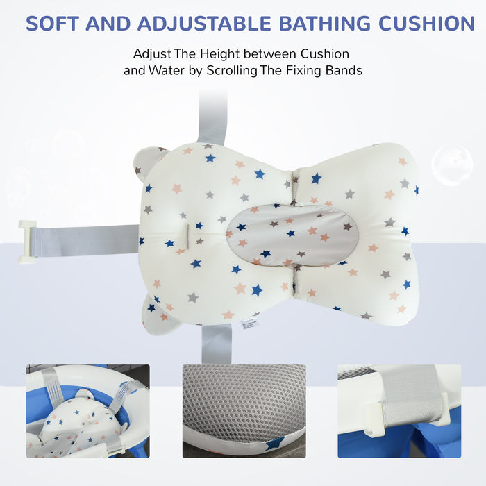 Foldable Ergonomic Baby Bath Tub with Cushion - Temperature-Sensitive Plug, Non-Slip Legs, Portable Design - Ideal for Infants 0-3 Years, Blue