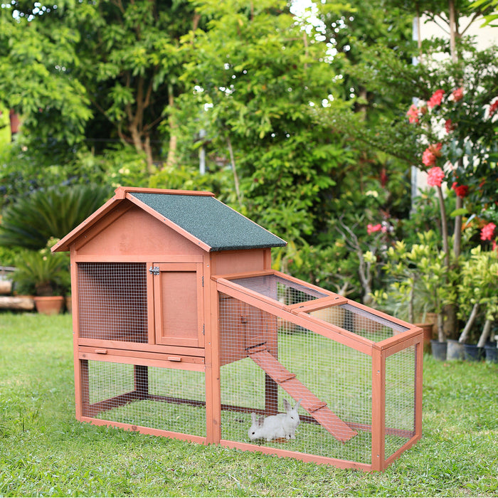 2 Tier Rabbit Hutch with Ramp - Solid Wood Bunny House, Water-Resistant Asphalt Roof, Sliding Tray, 144x64.5x100 cm, Red/Brown - Ideal for Small Pet Security and Comfort