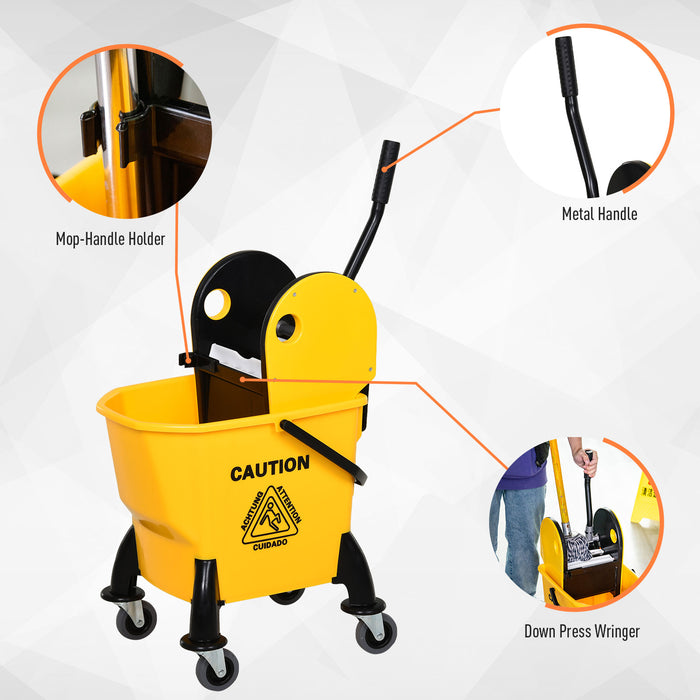 Heavy-Duty 26L Mop Bucket with Water Wringer - 4-Wheeled, Metal Handle, Plastic Construction, Pole Holder Cleaning Cart in Yellow - Ideal for Home and Commercial Use