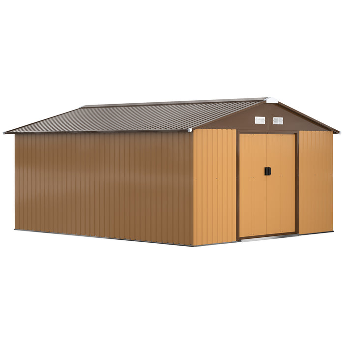 Large Metal Garden Shed 13x11 ft - Patio Tool Storage with Ventilation and Sliding Doors, Yellow - Ideal for Outdoor Equipment Organization