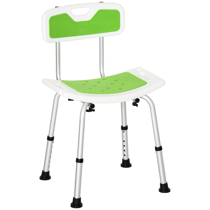 6-Level Height Adjustable Shower Chair - Elderly/Disabled-Friendly Stool with Backrest and Curved Seat - Features Anti-slip Foot Pads in Green