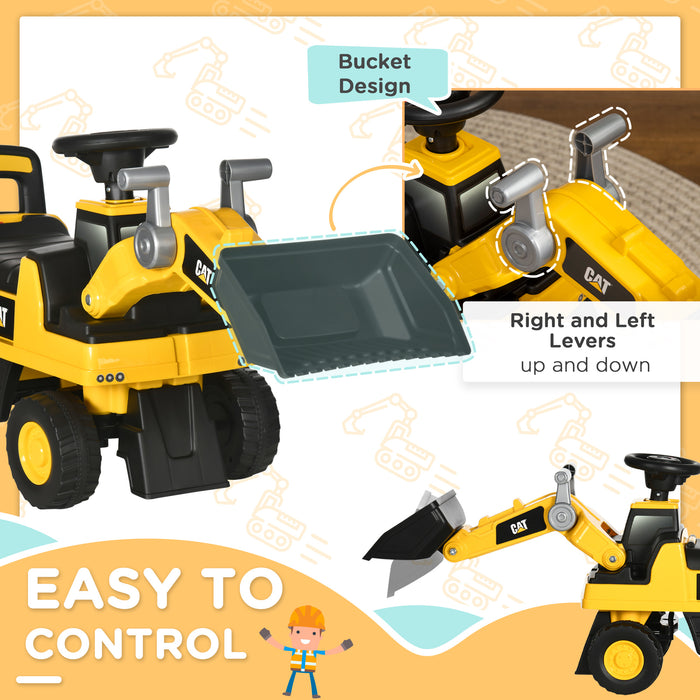 CAT Licensed Toddler Excavator Ride-On - Manual Bucket & Horn, Under-Seat Storage - Foot-to-Floor Construction Digger for Kids