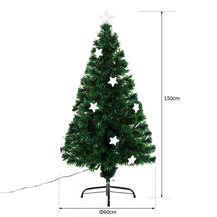 Green Fibre Optic 5ft Artificial Christmas Tree with Stars - 150cm Festive Decoration with Glowing Fibers - Ideal Holiday Centerpiece for Home & Office