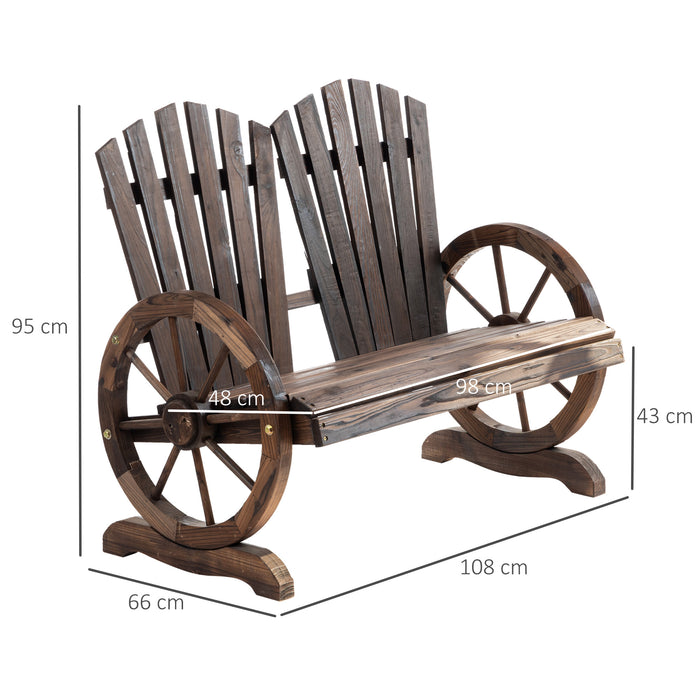 Outdoor Adirondack Wooden Love Chair - 2-Seater Garden Bench with Wheel-Shaped Armrests in Carbonized Color - Ideal for Couples and Cozy Spaces