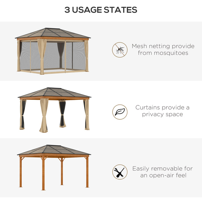 3 x 3.6 m Hardtop Gazebo - Polycarbonate Roof and Aluminium-Steel Frame with Nettings and Sidewalls - Ideal for Garden and Patio Use, Khaki Shade