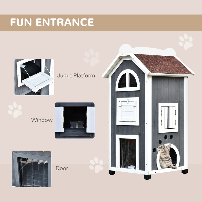 Outdoor Cat Shelter - Weatherproof Wooden 2-Floor Cat House with Condo Cave - Ideal Pet Retreat for Indoor/Outdoor Use, Grey and White