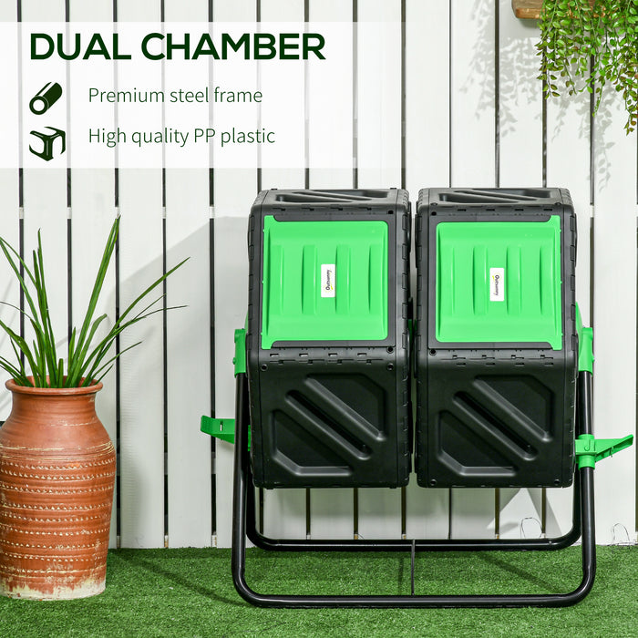 Dual Chamber 130L Rotating Composter - Garden Compost Bin with Aerating Openings and Sturdy Steel Legs - Ideal for Organic Waste Recycling & Soil Enrichment