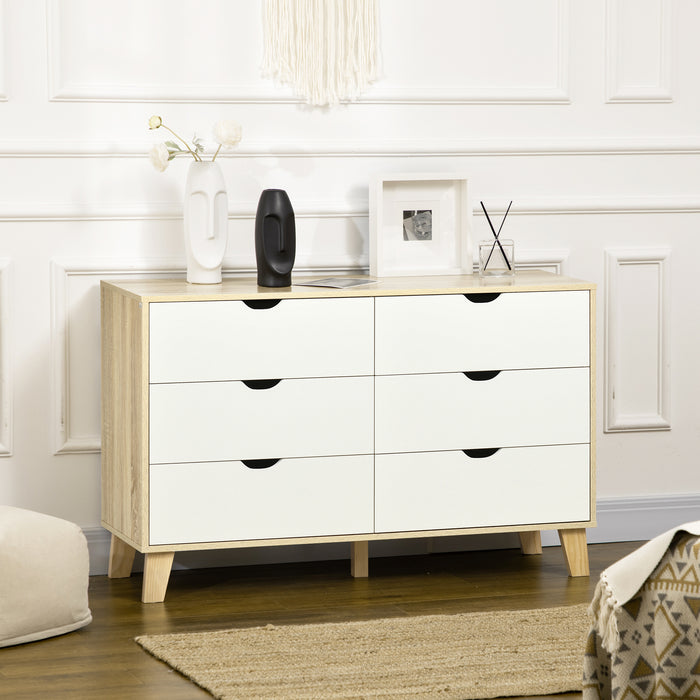 6-Drawer Wide Dresser - Bedroom & Living Room Storage Organizer with Wooden Legs - White & Light Brown Chest for Ample Space Management