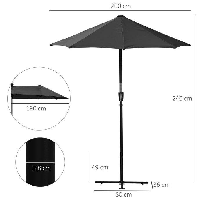 Half Parasol Market Umbrella - 2-Meter Double-Sided Canopy with Crank Handle and Base for Garden Balcony - Black Shade Solution for Limited Space Environments