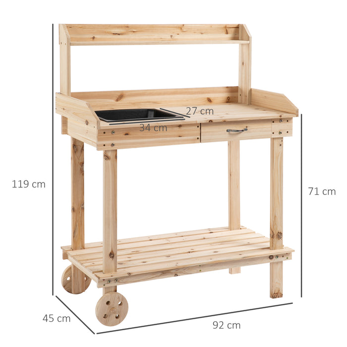 Outdoor Garden Potting Bench - Wooden Work Station with Wheels, Sink, Drawer & Ample Storage - Ideal for Gardeners & Planting Enthusiasts