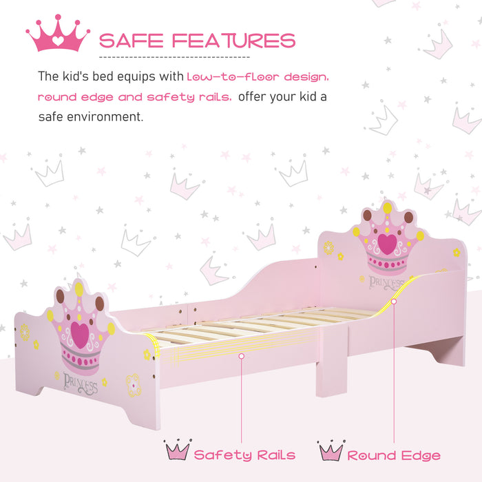 Princess-Themed Wooden Toddler Bed - Crown Motif with Safety Rails, Easy Clean Design - Ideal for Girls Aged 3-6, Charming Pink Gift