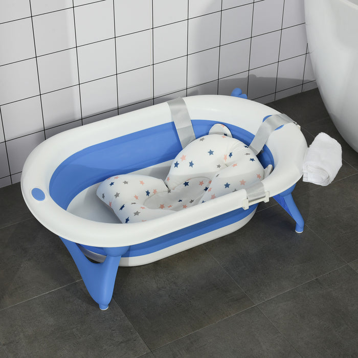 Foldable Ergonomic Baby Bath Tub with Cushion - Temperature-Sensitive Plug, Non-Slip Legs, Portable Design - Ideal for Infants 0-3 Years, Blue