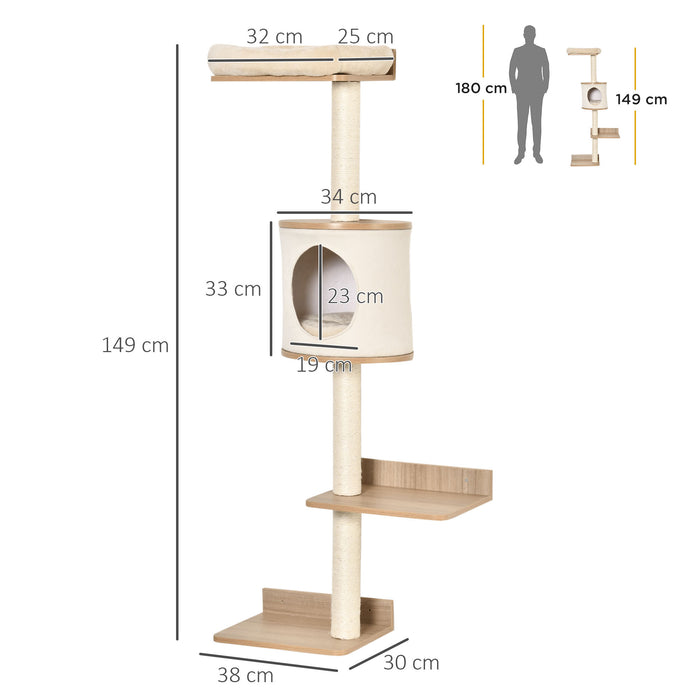 Wall-Mounted Cat Tree with Condo Bed - Indoor Kitten Perch, Climber & Scratching Post Furniture in Beige - Space-Saving Shelter for Cats