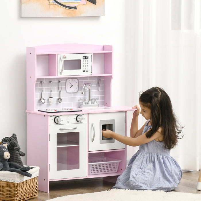 Interactive Wooden Play Kitchen Set - Featuring Lights, Sounds, Water Dispenser, Microwave & Sink - Ideal Gift for Toddlers Aged 3-6, in Playful Pink