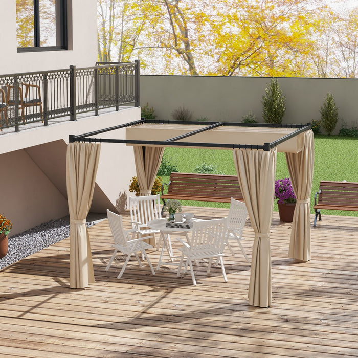 Retractable Pergola 3x3(m) with Curtains - Outdoor Garden Gazebo Shelter for Patio and Deck - Ideal for Grill Areas and Entertaining Guests, Beige