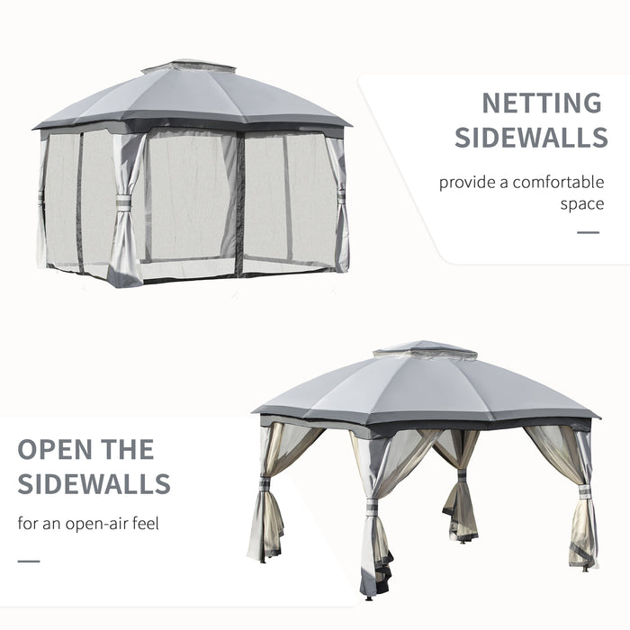 Metal Gazebo Canopy 3.7x3m with Netting Sidewalls - Double Tiered Roof Garden Patio Shelter - Ideal for Outdoor Parties and Gatherings