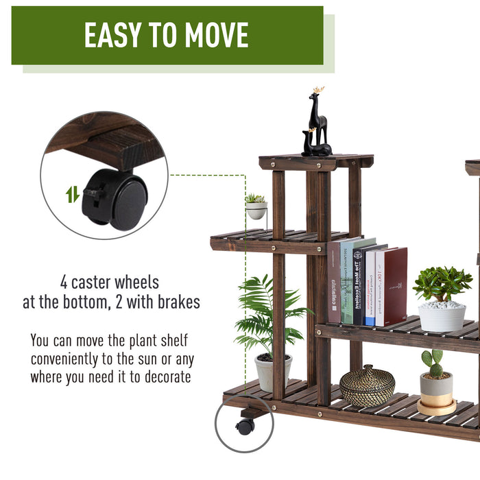 4-Tier Wooden Plant Stand with Wheels - Freestanding Flower Display Rack for Indoor & Outdoor Gardens - Ideal for Garden Balcony, 8-Pot Capacity, Portable with Handle, 123.5x33x80 cm