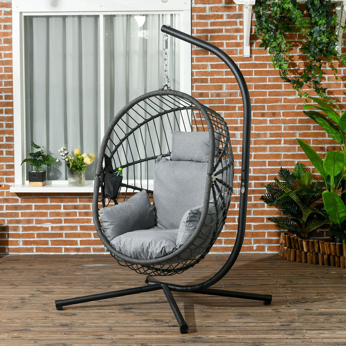 Outdoor Swing Chair with Padded Comfort - Patio Hanging Lounger with Sturdy Metal Stand and Foldable Design - Features Cup Holder and Rugged Rope Support for Backyard Relaxation