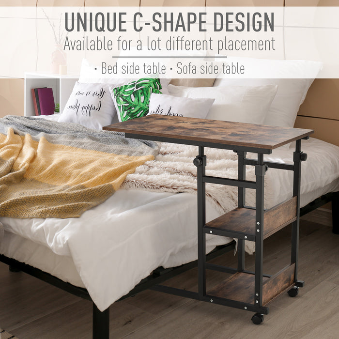 Industrial C-Shaped Rolling Side Table - 3-Tier Storage, Adjustable Height, End Desk with Wheels - Convenient for Sofa/Bedside Use & Small Space Organization