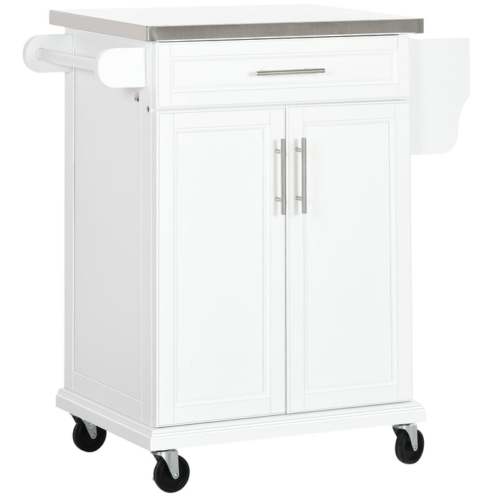 White Wooden Kitchen Island Cart - Freestanding Storage Trolley with Stainless Steel Top, Drawer & Rack on Wheels - Mobile Serving Station for Home Chefs & Entertaining