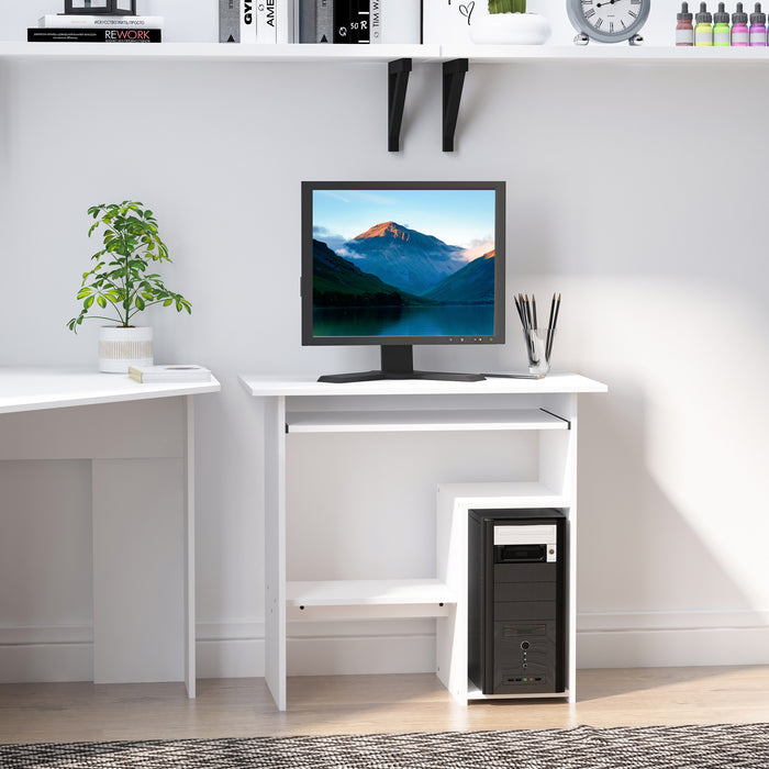 Modern White Wooden Office Desk - Corner Table with Keyboard Tray and Storage Shelf - Ideal for Home Office Organization