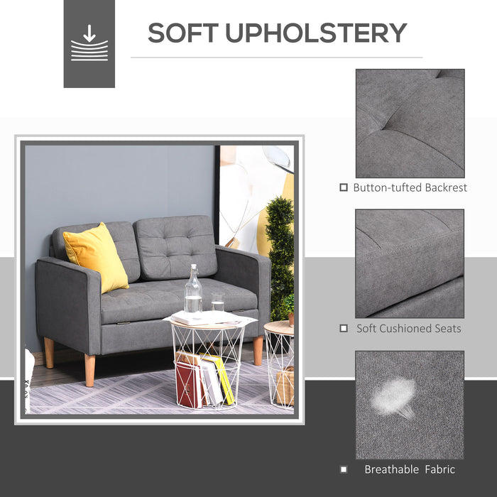 Compact Loveseat with Storage - 117cm Modern Tufted Cotton 2-Seater Sofa, Grey with Wooden Legs - Ideal for Small Spaces and Organizing Essentials