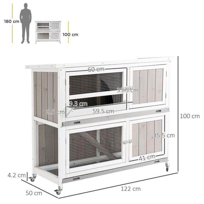 Elevated Wooden Rabbit Hutch with Rain Cover - 2-Tier Guinea Pig and Bunny Cage with Multiple Doors, Slide-Out Tray, Wheels - Ideal for Small Pet Safety and Comfort