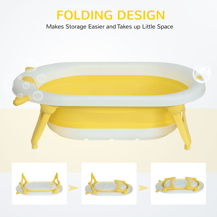 Foldable Ergonomic Baby Bath Tub with Cushion - Temperature-Sensitive Plug, Non-Slip Legs, Portable Design - Ideal for Infants 0-3 Years, Sunny Yellow