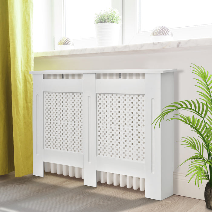 Modern White Painted Wooden Radiator Cover - Grill Style Heating Cabinet for Home Furniture - Medium Size, Enhances Aesthetics & Safety