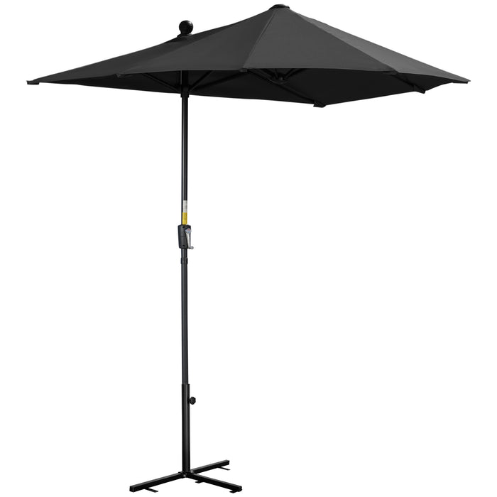 Half Parasol Market Umbrella - 2-Meter Double-Sided Canopy with Crank Handle and Base for Garden Balcony - Black Shade Solution for Limited Space Environments