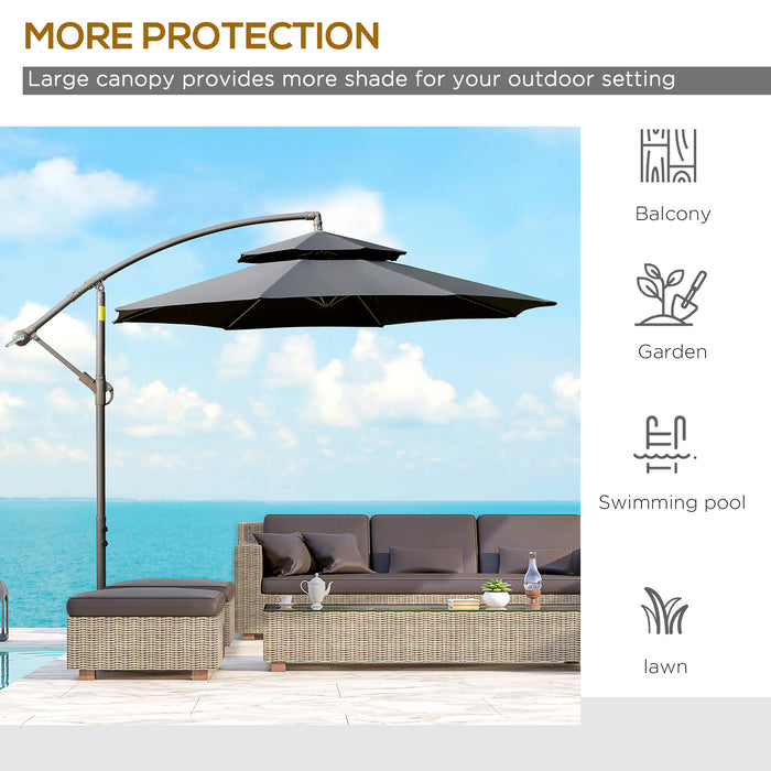 Banana Parasol Cantilever Umbrella 2.7m - Double Tier Canopy, Crank Handle, Cross Base Outdoor Sun Shade - Perfect for Patio, Garden & Poolside Shelter